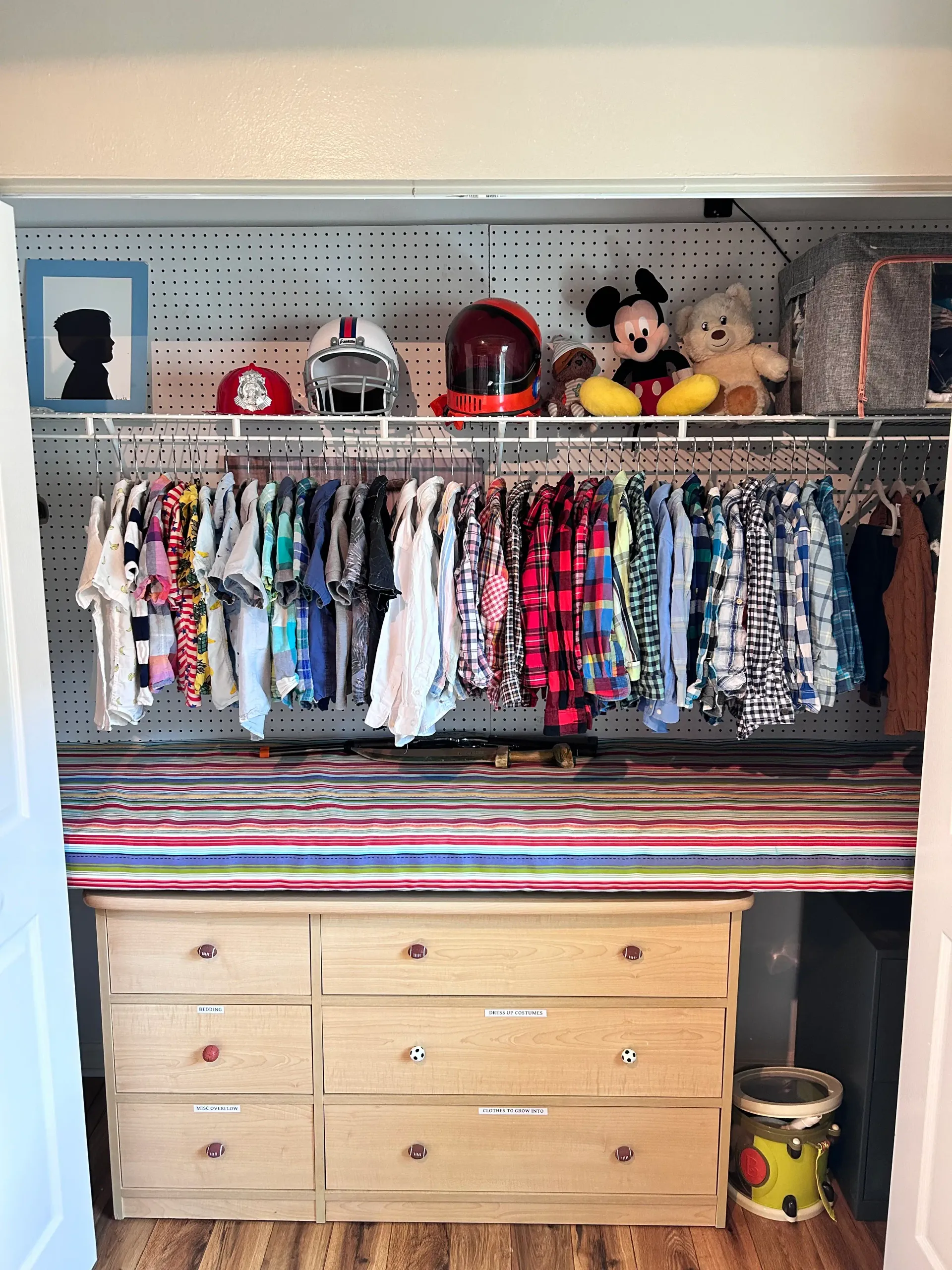 Organized kids closet with hanging clothes, labeled drawers, storage baskets, and toys