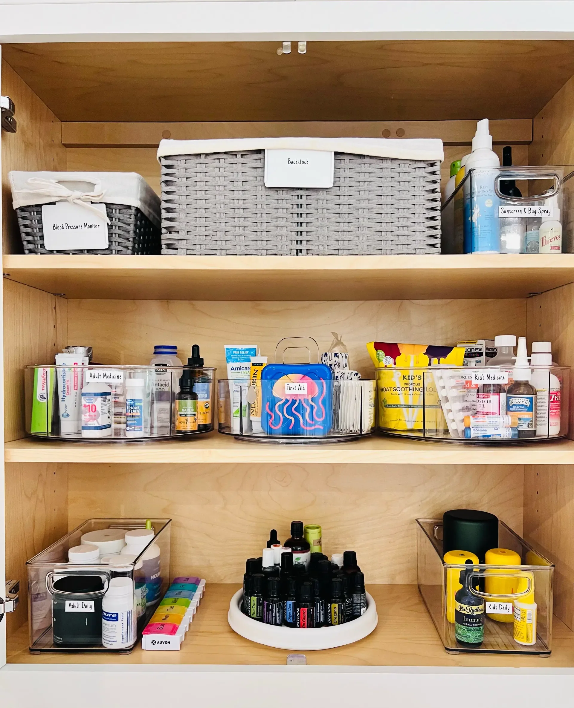 Organized medicine cabinet with labeled baskets, clear bins, and categorized health supplies